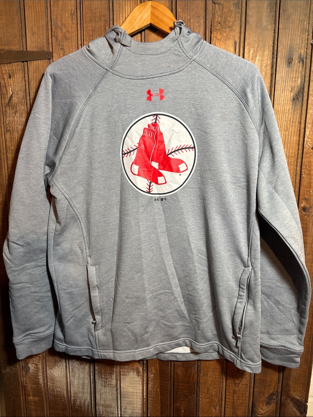 Under Armour Gray Pullover Hoodie with Red Sox Baseball Graphic